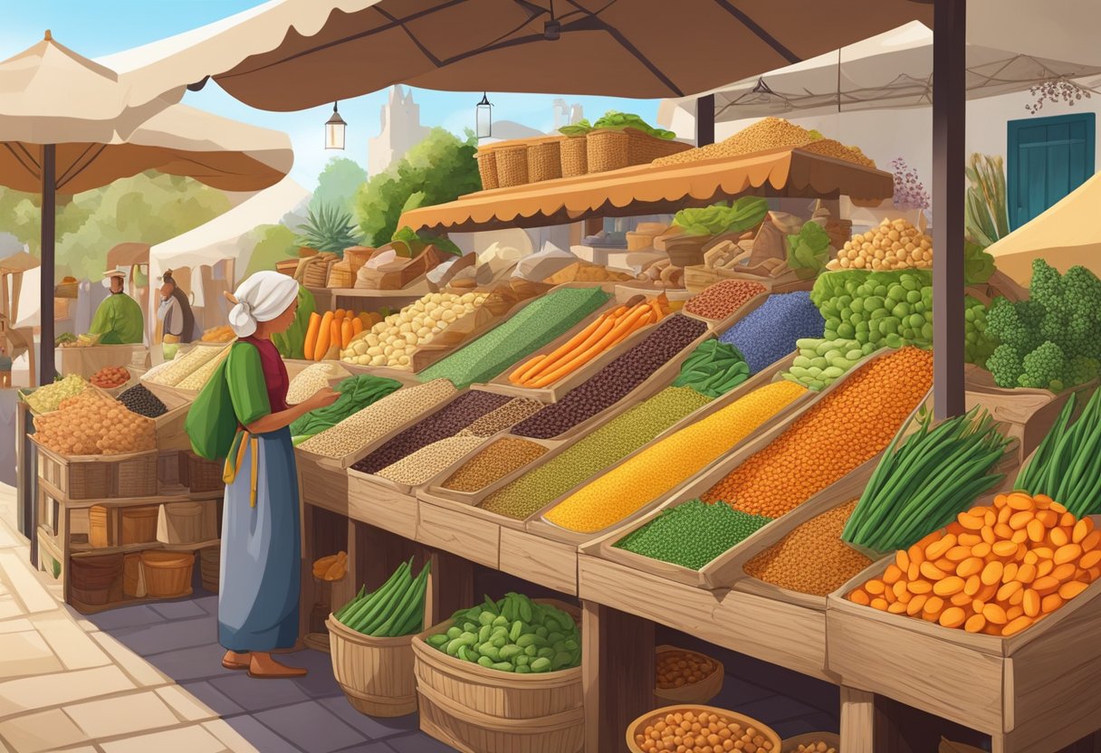 A colorful Mediterranean market stall displays a variety of gluten-free plant-based proteins, including beans, lentils, nuts, and seeds. The vibrant scene is filled with fresh produce and traditional Mediterranean ingredients