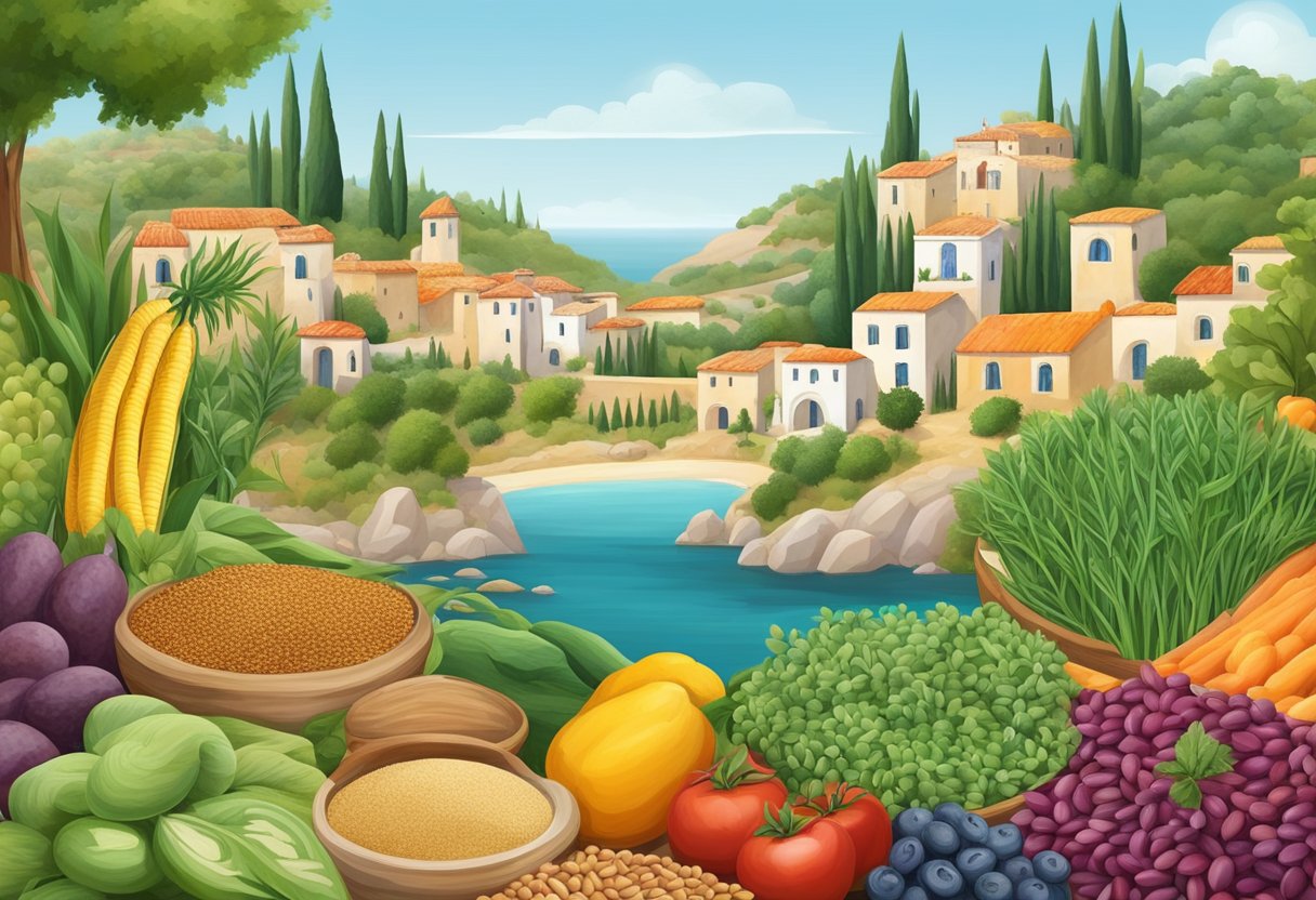 A colorful Mediterranean landscape with a variety of gluten-free plant-based protein sources, such as legumes, nuts, and seeds, surrounded by professional guidance resources