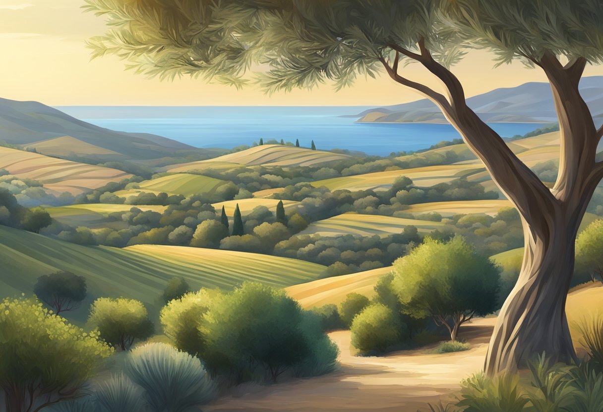 A serene Mediterranean landscape with calming elements like olive trees, rolling hills, and a peaceful coastline