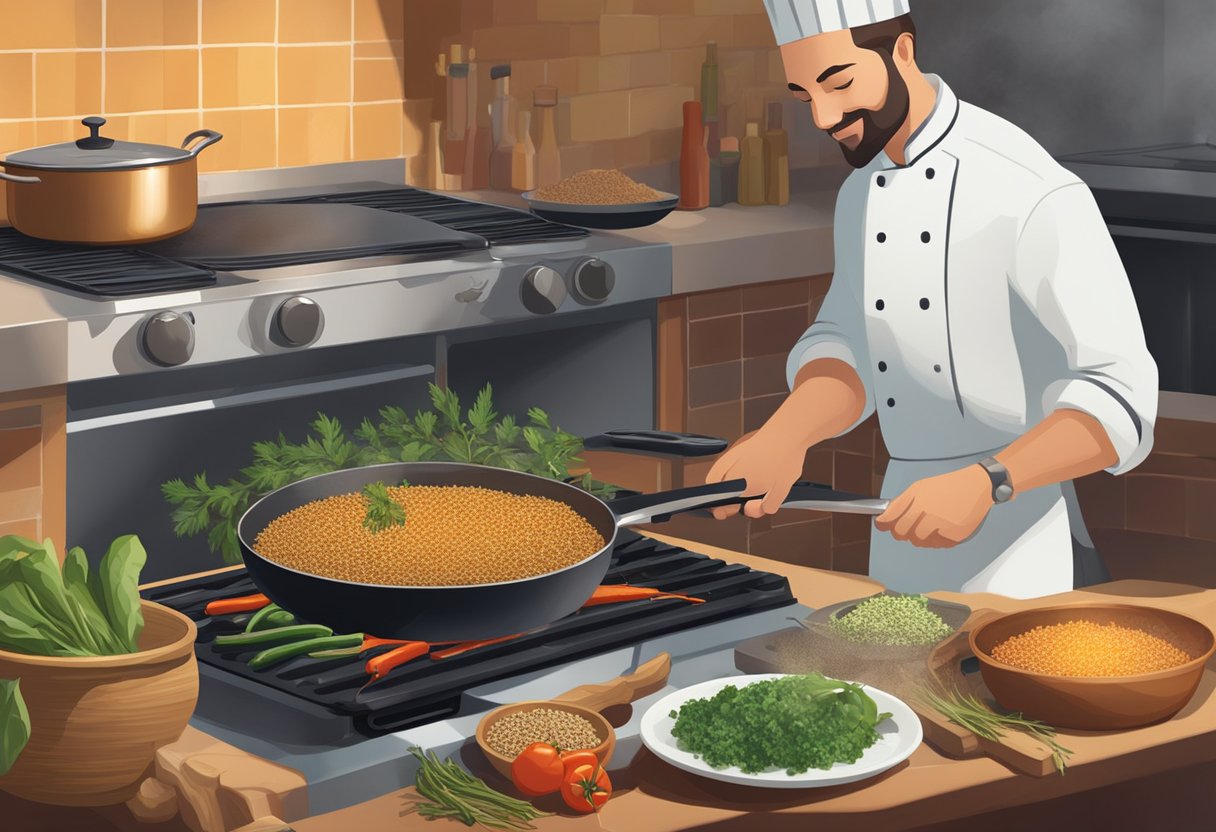 A chef grills vegetables on a hot skillet, while a pot of quinoa simmers on the stove. A bowl of fresh herbs and spices sits nearby, ready to be used in the Mediterranean-inspired dishes