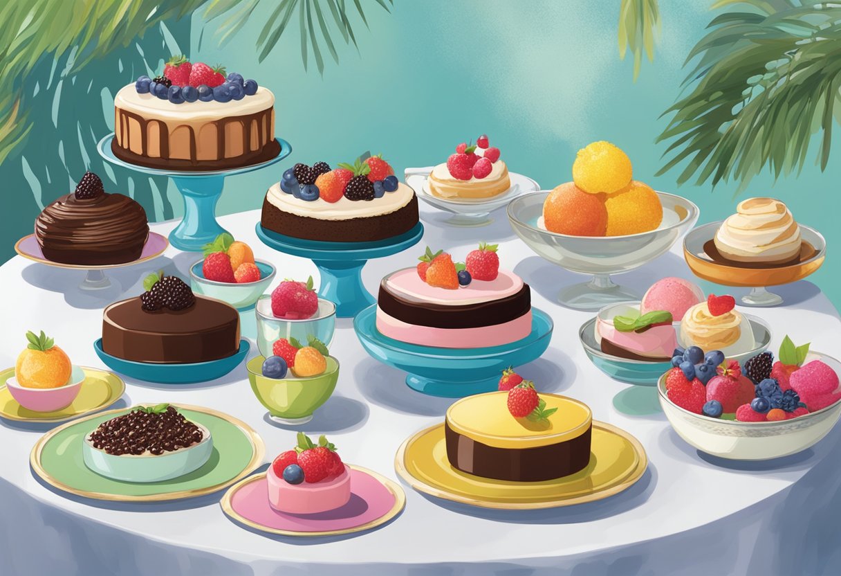 A colorful array of gluten-free desserts, including vibrant fruit sorbets and decadent chocolate cakes, are displayed on a Mediterranean-inspired table setting