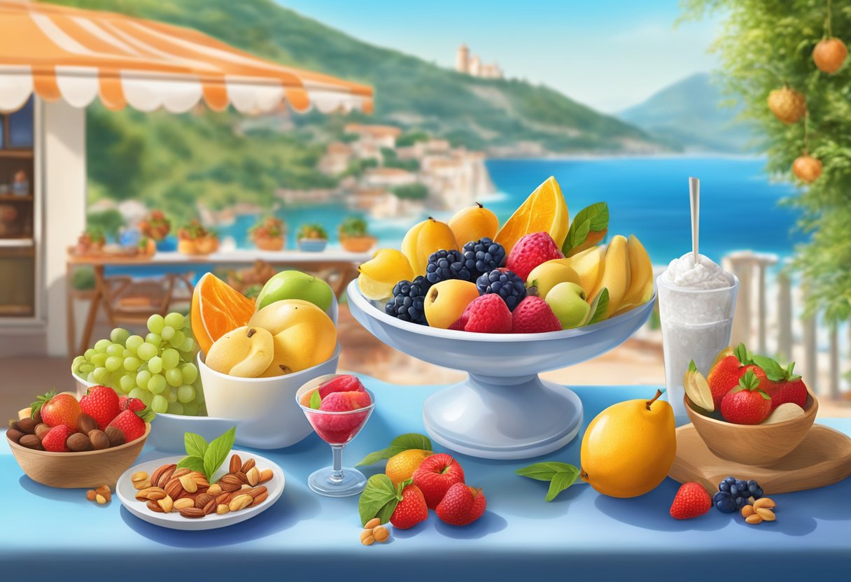 A colorful display of fresh fruits, nuts, and creamy dairy-free ice cream, surrounded by vibrant Mediterranean scenery