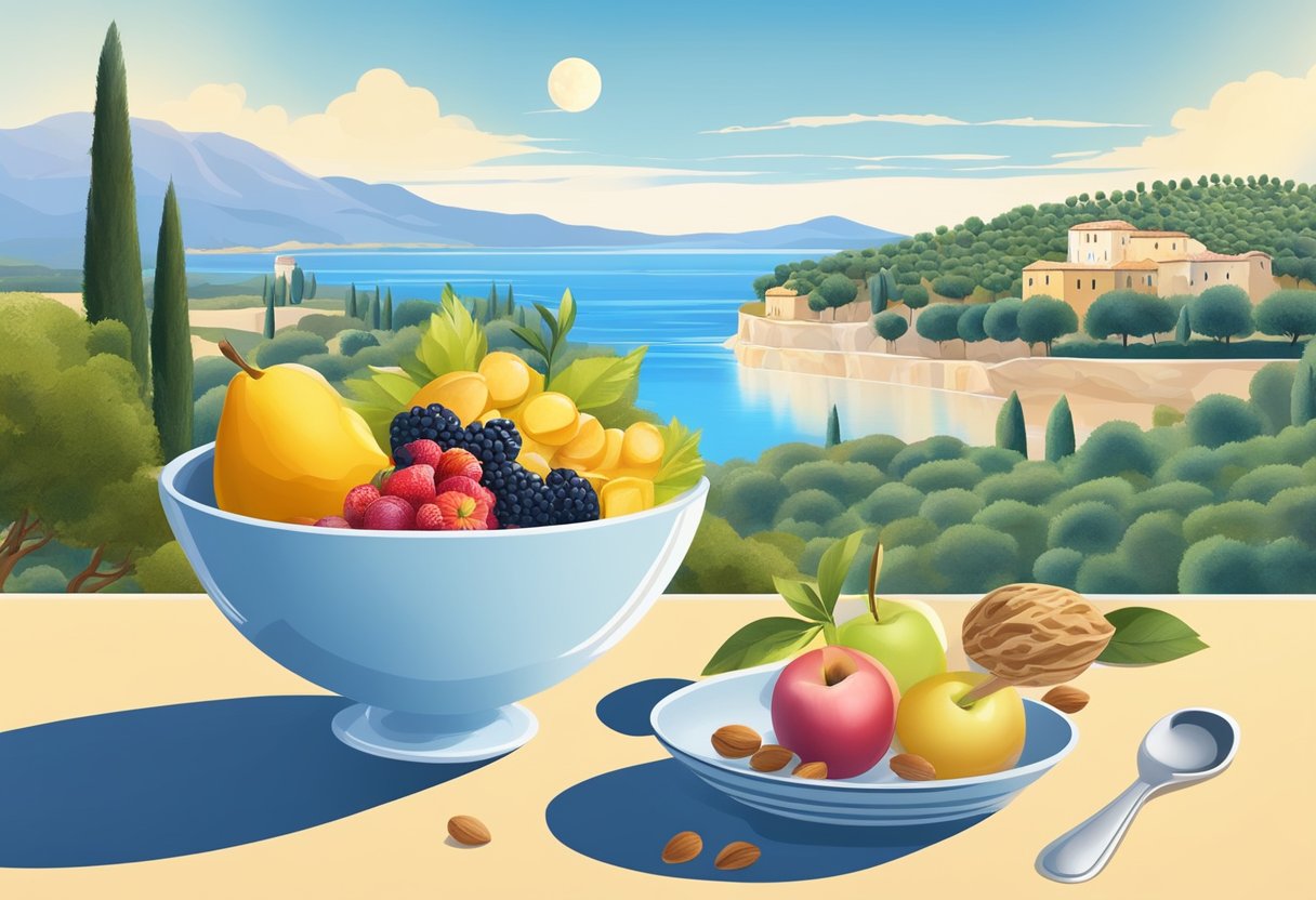 A bowl of colorful fruit and nuts next to a scoop of creamy, gluten-free ice cream. A Mediterranean landscape with olive trees and a clear blue sky in the background