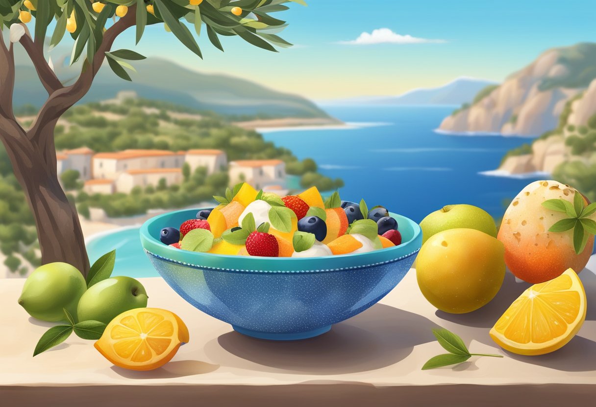 A bowl of colorful fruit salad sits next to a tempting scoop of gluten-free ice cream. A Mediterranean landscape with olive trees and a sparkling sea in the background completes the scene