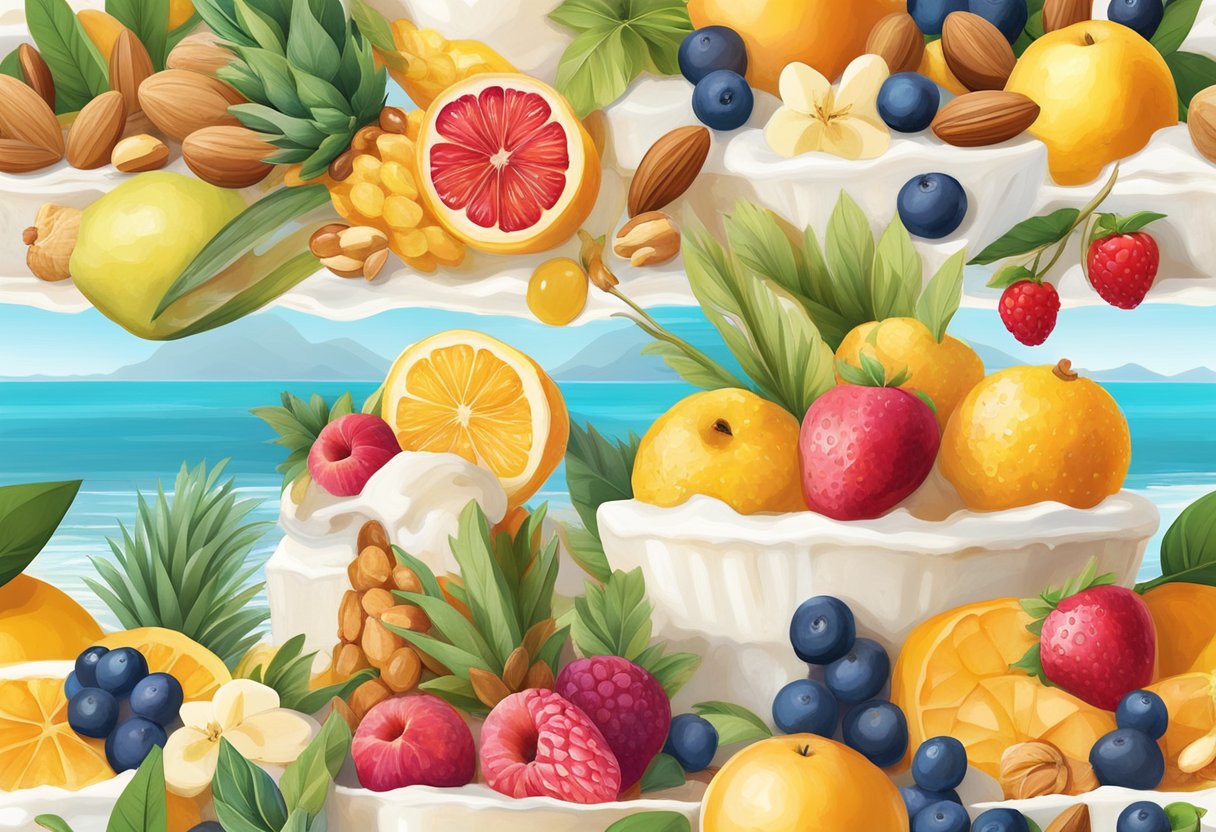 A colorful array of fresh fruits, nuts, and honey drizzled over a creamy scoop of gluten-free ice cream, surrounded by vibrant Mediterranean flora and a serene seaside backdrop