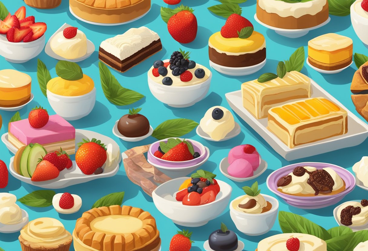 A colorful display of various gluten-free Mediterranean desserts, including ice cream, fruit tarts, and pastries, arranged on a table with vibrant tableware and greenery in the background