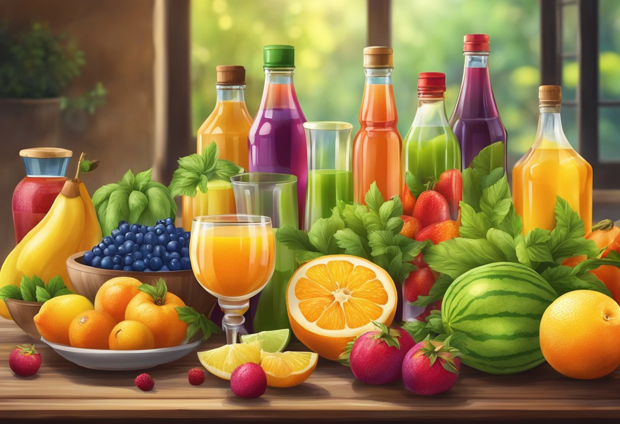 A table with colorful bottles of artificially flavored drinks and juices, surrounded by Mediterranean fruits and vegetables