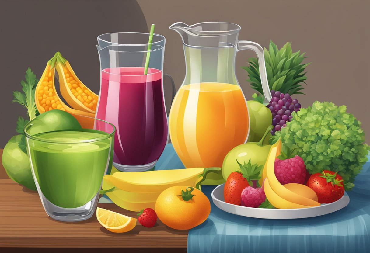 A table filled with colorful fruits, vegetables, and grains, with a pitcher of fresh juice and a variety of flavored drinks