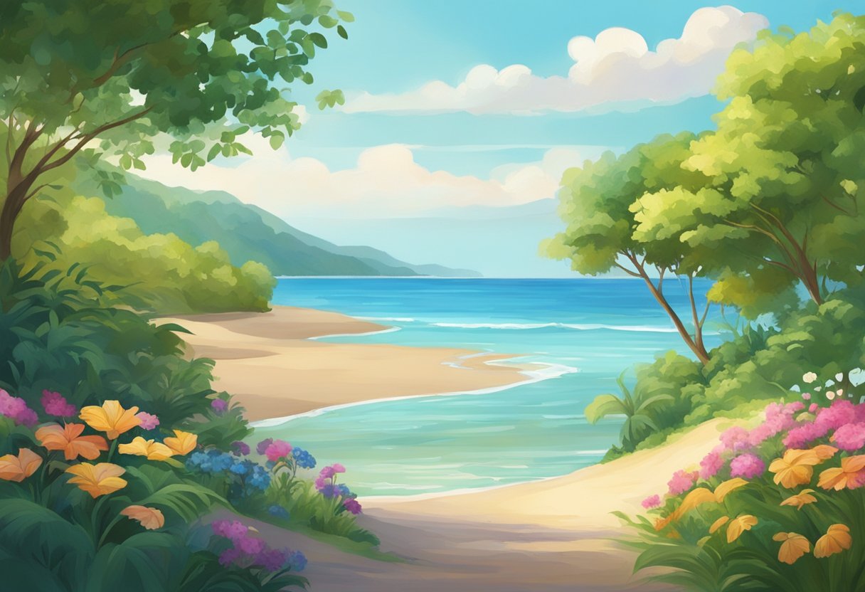 A serene beach with calm waves, surrounded by lush greenery and colorful flowers. A gentle breeze rustles the leaves, creating a peaceful atmosphere