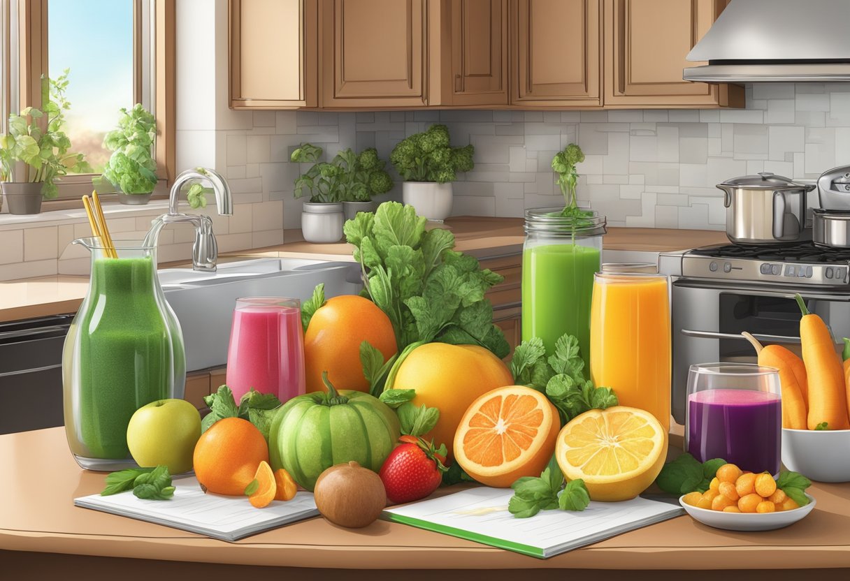 A kitchen counter with colorful fruits, vegetables, and a variety of artificial flavored drinks and juices. A recipe book open to a gluten-free Mediterranean diet meal plan