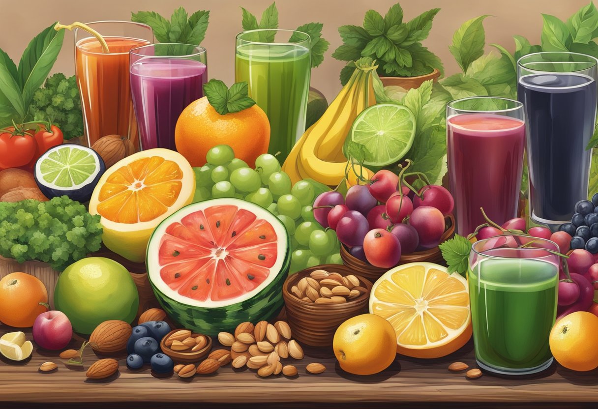 A colorful spread of fresh fruits, vegetables, nuts, and herbs next to a variety of artificial flavored drinks and juices on a rustic Mediterranean-style table