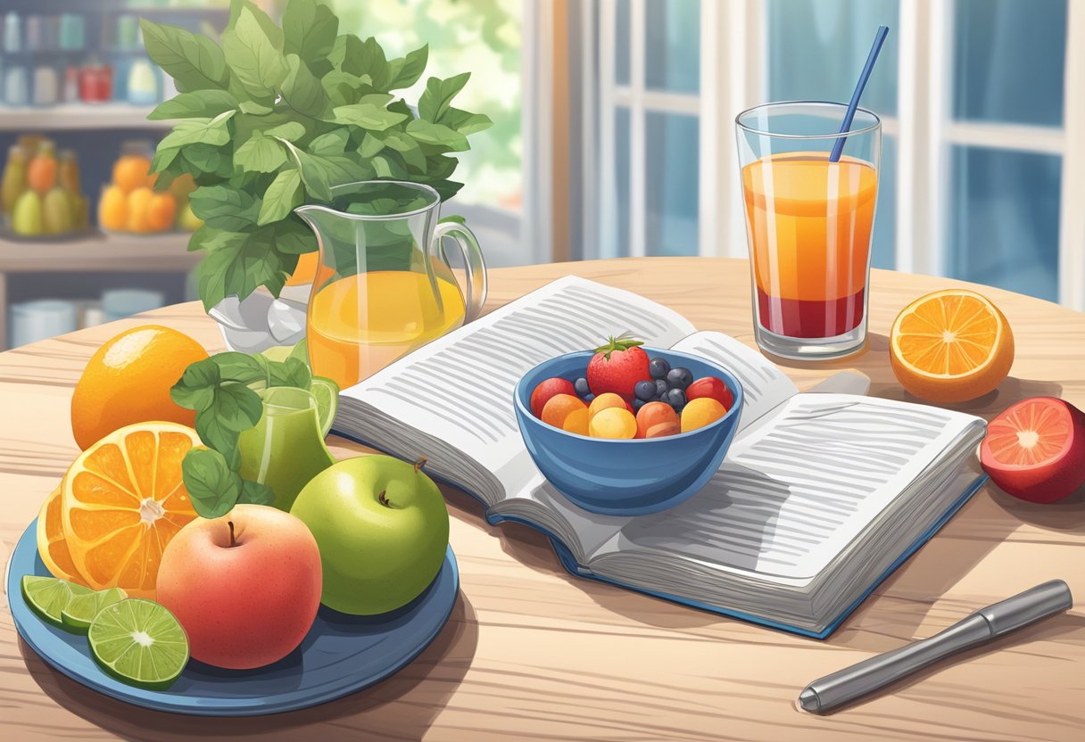 A glass of colorful, refreshing juice sits on a table next to a plate of fresh fruits. A bottle of artificially flavored drink is displayed with a Mediterranean diet cookbook in the background