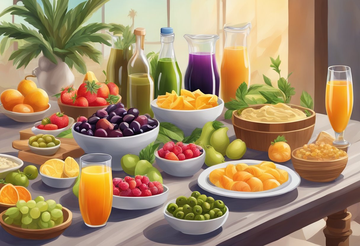 A table with a variety of colorful fruit juices and flavored drinks, surrounded by Mediterranean-inspired gluten-free foods like olives, hummus, and fresh vegetables