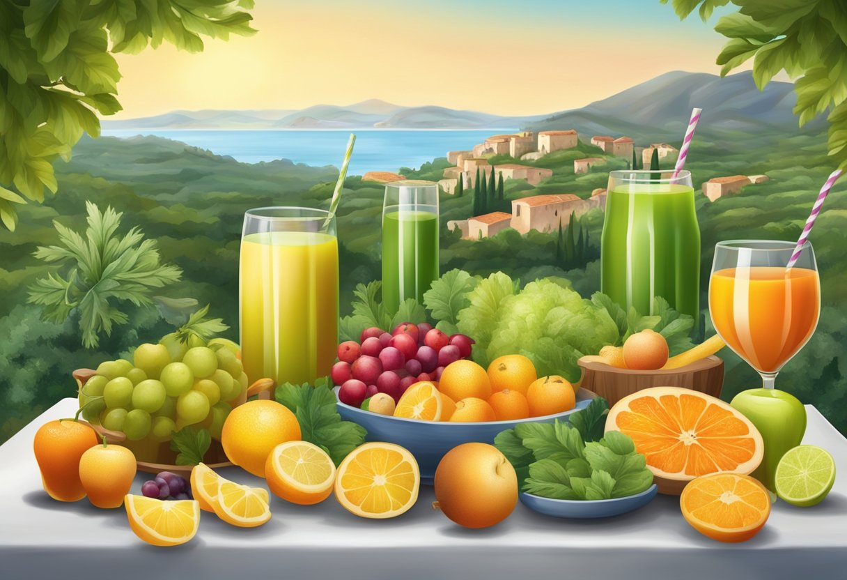 A table with a variety of colorful fruit and vegetable juices, labeled as gluten-free, surrounded by Mediterranean scenery