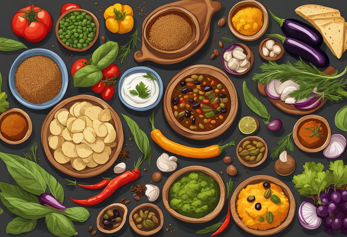 A colorful array of highly spiced and flavored Mediterranean foods arranged on a table, including vibrant vegetables, olives, herbs, and aromatic spices