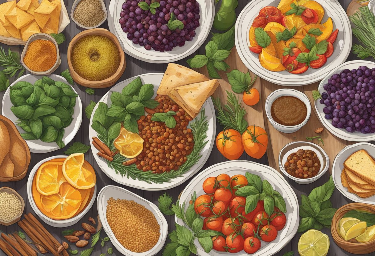 A table displays an array of colorful and aromatic Mediterranean dishes, rich in spices and flavors, all gluten-free. Fruits, vegetables, grains, and herbs create a vibrant and enticing scene