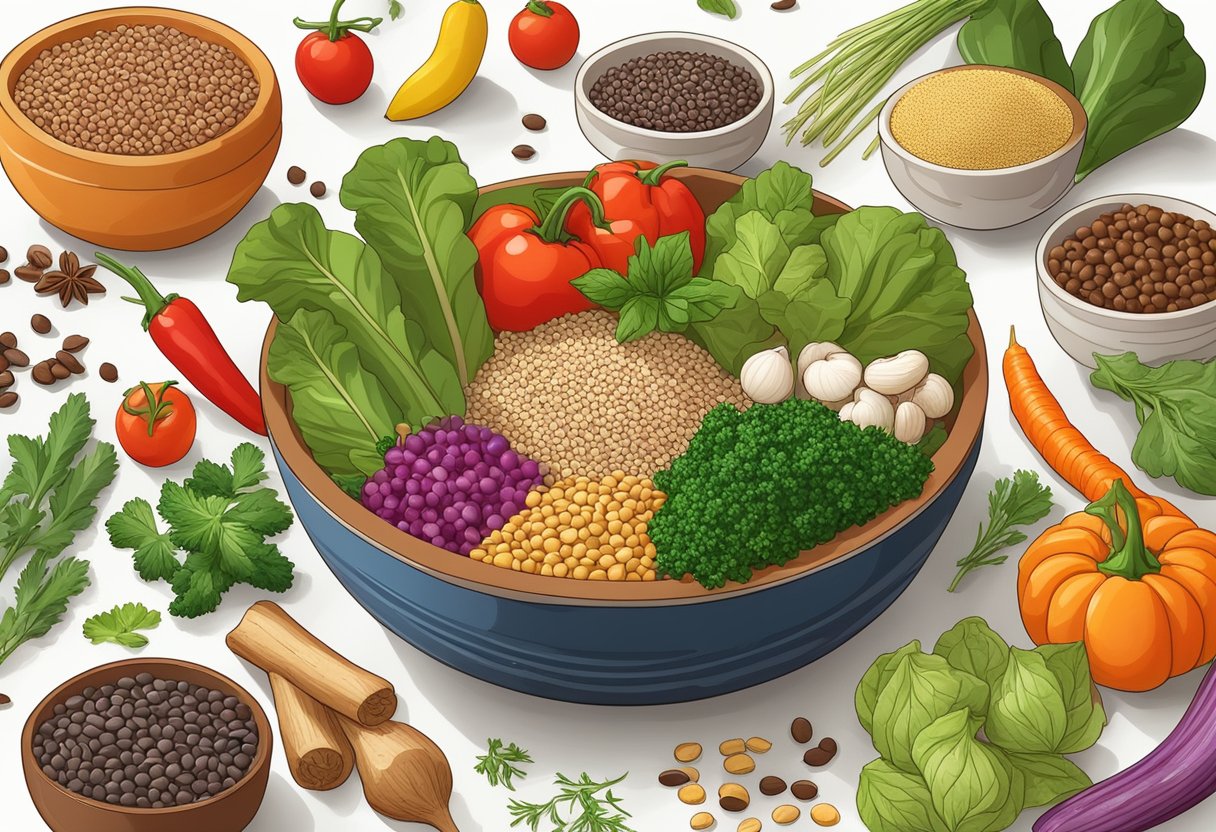 A colorful array of fresh vegetables, herbs, and spices arranged around a central bowl of gluten-free grains, with various alternative ingredients displayed nearby