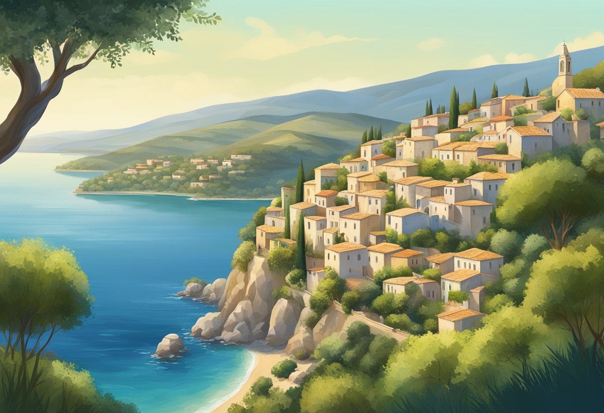 A serene Mediterranean coastline with calm waters, lush greenery, and a clear blue sky. A small traditional village nestled in the hills, surrounded by olive groves and vineyards