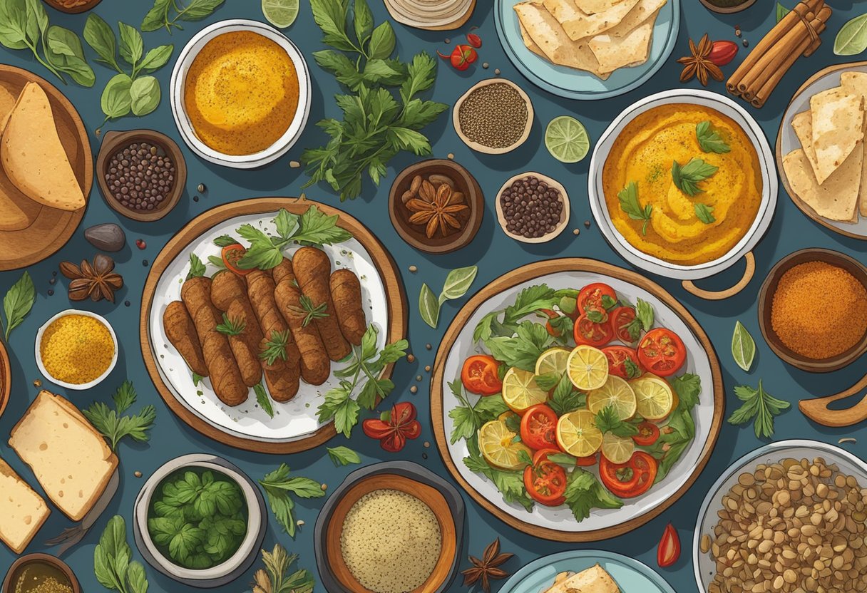 A table set with vibrant, flavorful Mediterranean dishes, surrounded by an array of spices and herbs. A cookbook open to a gluten-free recipe, with supportive resources nearby