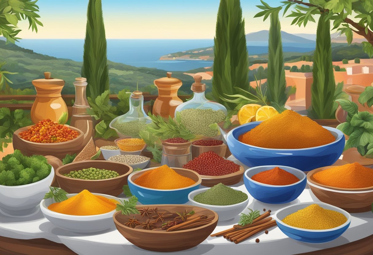 A table set with vibrant, aromatic dishes: colorful spices, herbs, and fresh ingredients. A Mediterranean landscape in the background