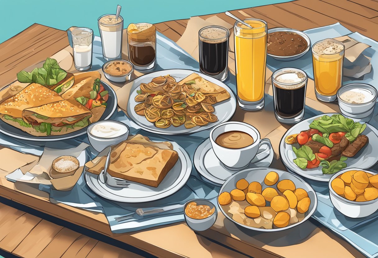 A cluttered table with spilled coffee cups, energy drink cans, and scattered gluten-free Mediterranean diet foods