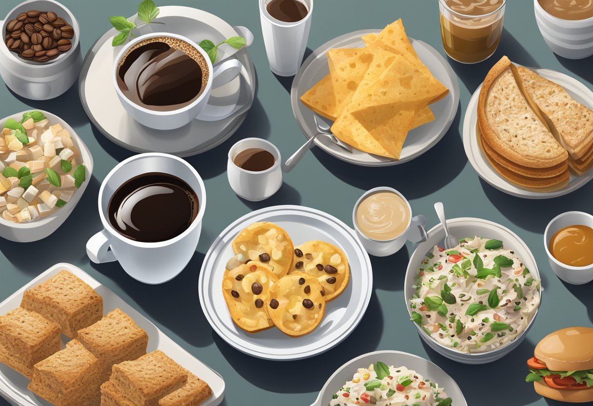 A cluttered table with various coffee cups, energy drink cans, and a scattered assortment of gluten-free Mediterranean diet foods