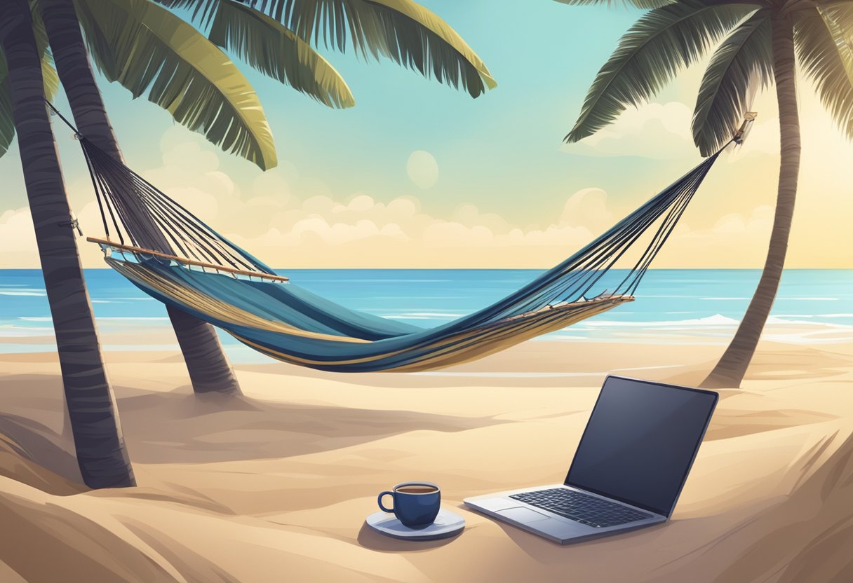 A serene beach with a hammock under the shade of a palm tree, a laptop on a table, and a book lying open on the sand