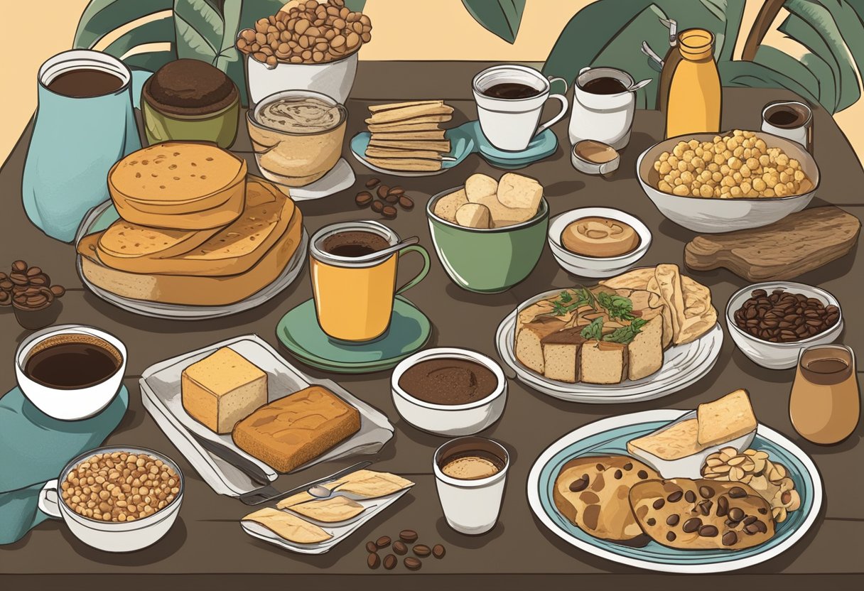 A table with a spread of gluten-free Mediterranean foods and an array of coffee and caffeinated drinks. The foods are labeled with "FAQs" and "Excessive" to depict the theme