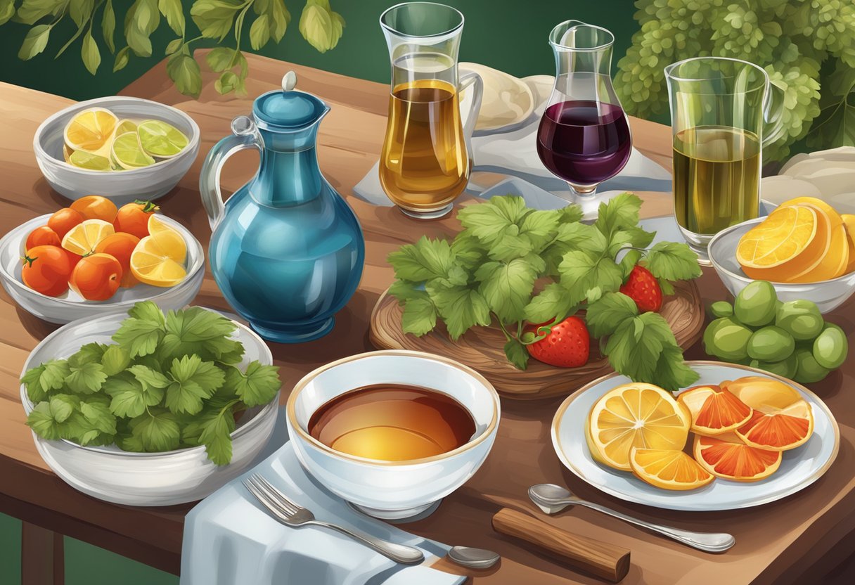 A table set with a variety of traditional Mediterranean beverages, such as water, herbal teas, and red wine, alongside fresh fruits and vegetables