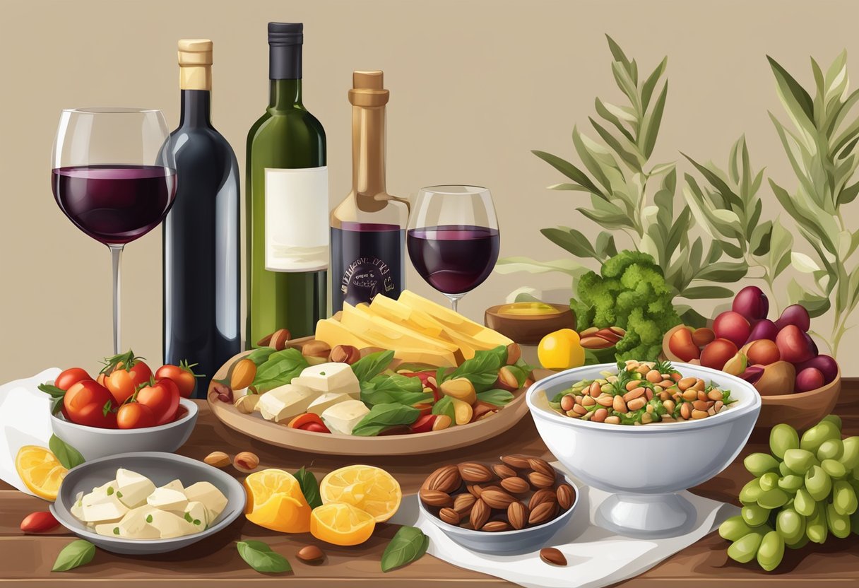 A table set with a variety of Mediterranean foods and beverages, including olive oil, fresh vegetables, fruits, nuts, and a bottle of red wine