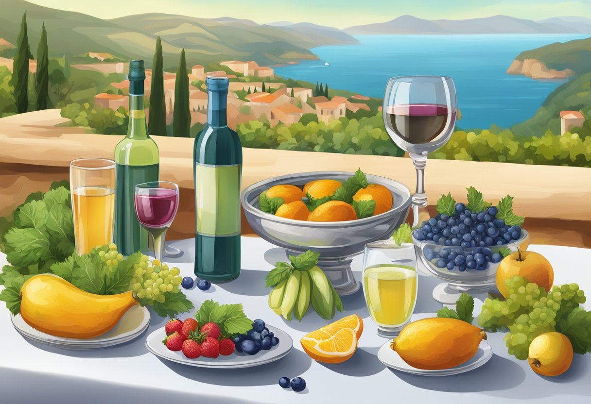 A table set with a variety of beverages, including water, wine, and herbal tea, surrounded by fresh fruits and vegetables, set against a backdrop of a Mediterranean landscape