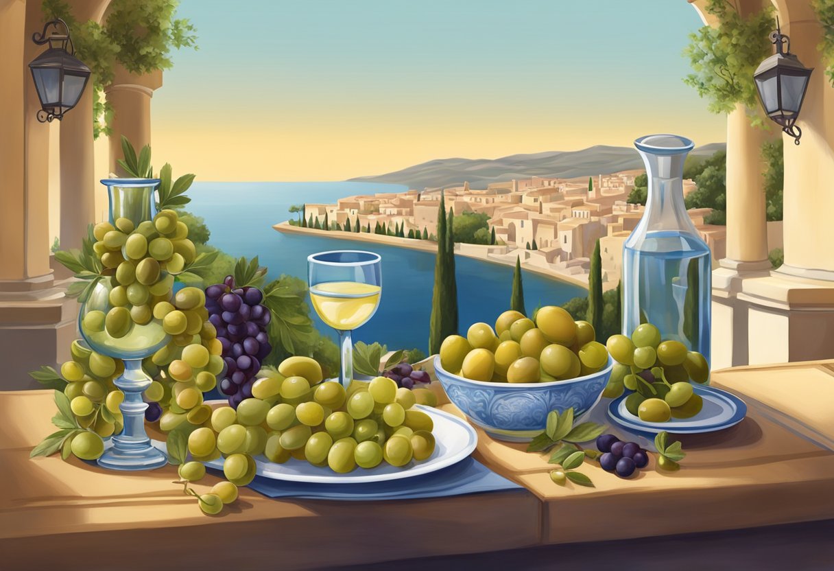 A table set with olives, grapes, and a carafe of water, surrounded by Mediterranean architecture and landscapes