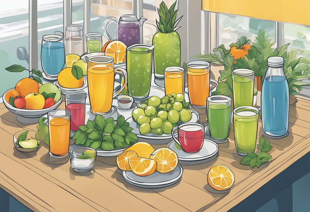 A table displays a variety of beverages: water, herbal teas, and fruit-infused drinks. Fruits and vegetables are also shown, highlighting their role in hydration