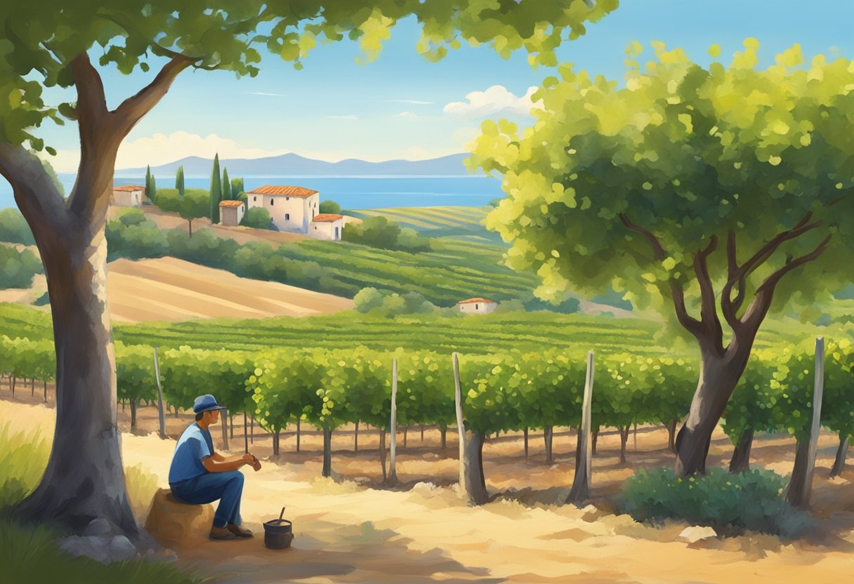 A serene Mediterranean landscape with a balance of work and leisure activities, such as a vineyard worker taking a break under the shade of a tree