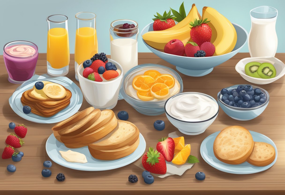 A table set with a colorful array of gluten-free breakfast options, including fresh fruits, Greek yogurt, and a variety of gluten-free bread and pastries