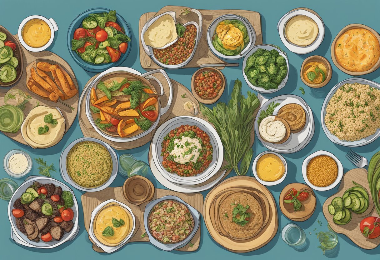 A table set with colorful Mediterranean dishes, including hummus, grilled vegetables, and quinoa salad. A menu board prominently displays "Gluten-Free Options" for lunch