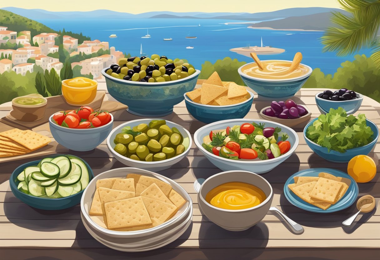 A table set with colorful Mediterranean dishes: hummus, olives, fresh vegetables, and gluten-free crackers. A sunny outdoor setting with a view of the sea in the background