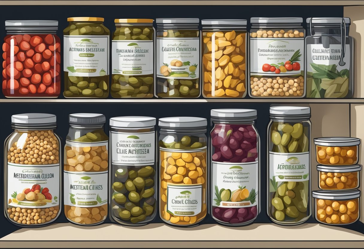 A pantry filled with canned and preserved gluten-free Mediterranean foods, including olives, artichokes, tomatoes, and chickpeas