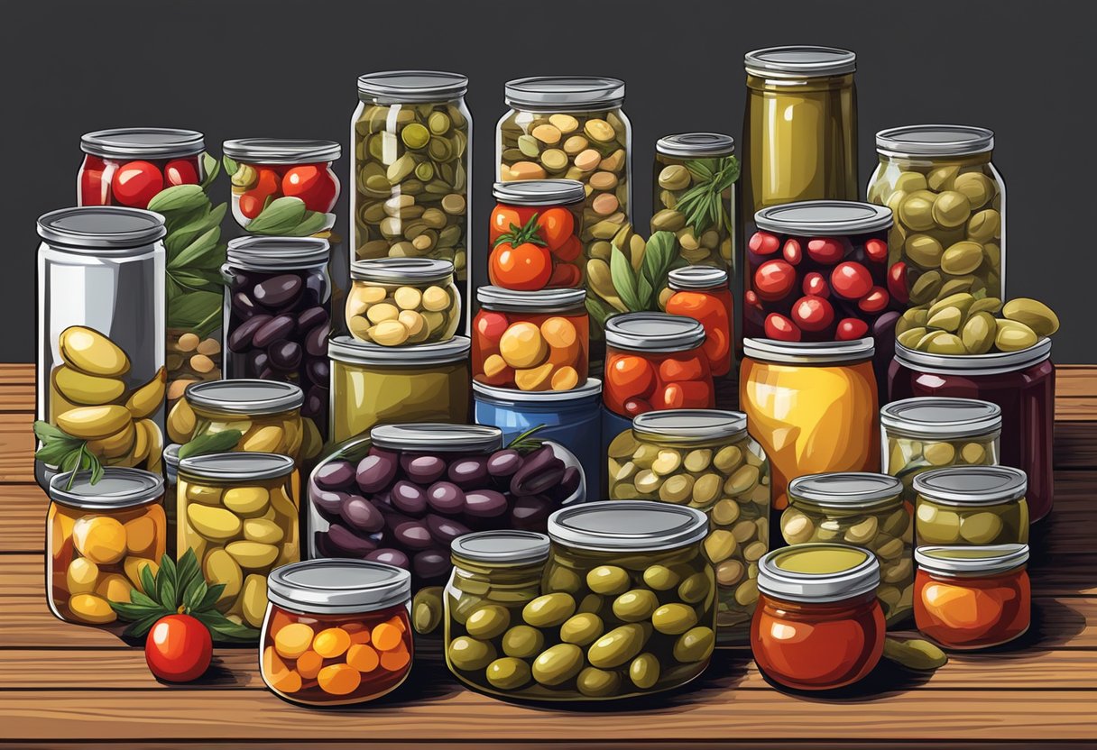 A colorful array of canned and preserved foods, including olives, tomatoes, artichokes, and beans, arranged on a rustic wooden table