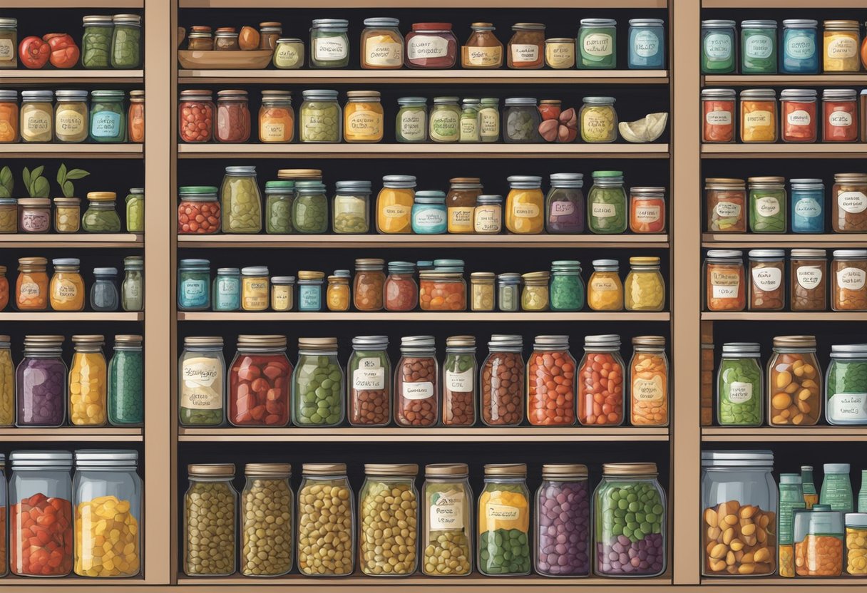 A pantry stocked with colorful cans and jars of preserved food, including olives, tomatoes, and artichokes, all labeled "gluten-free" and "Mediterranean diet."