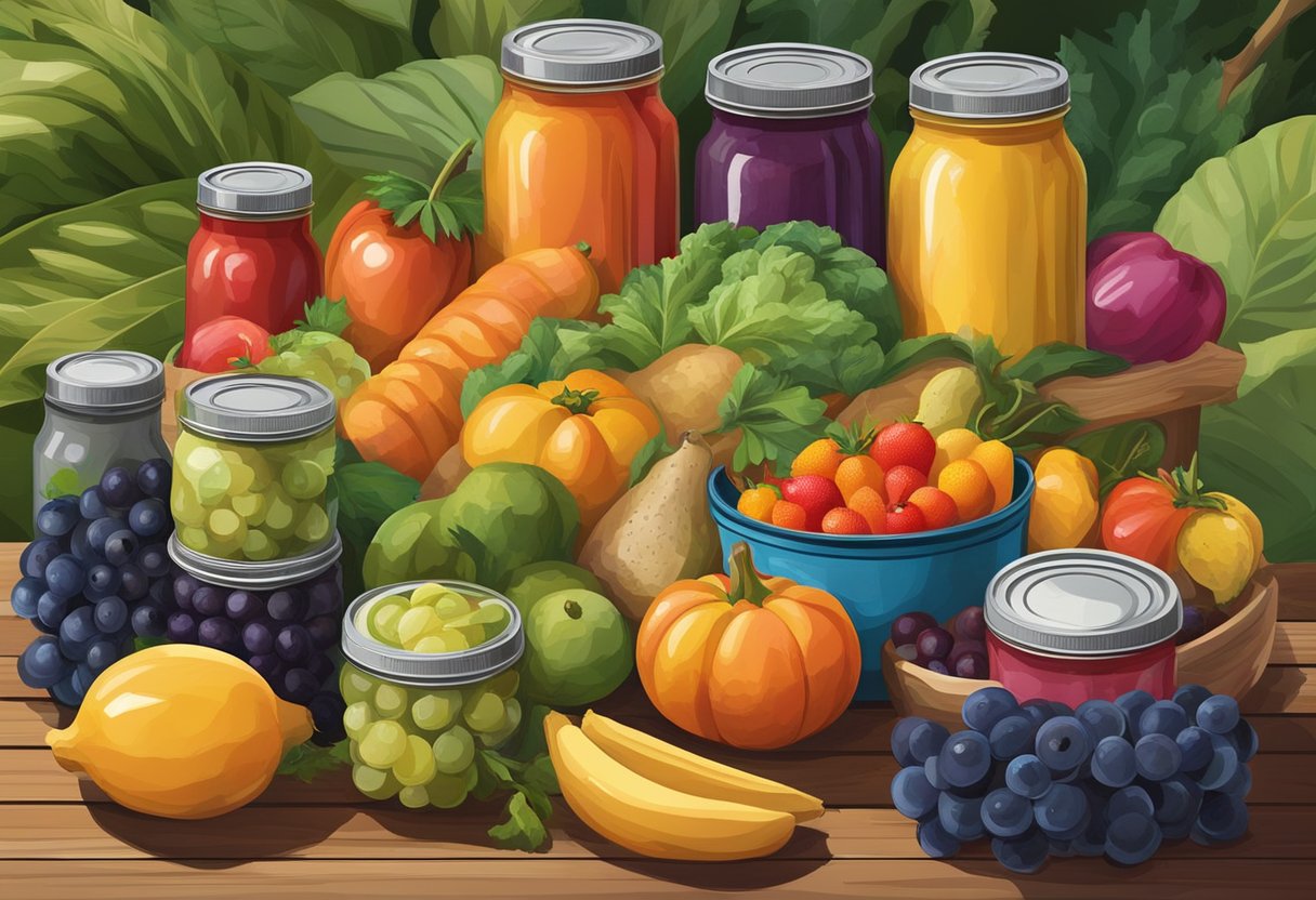 A variety of colorful fruits, vegetables, and canned goods arranged on a wooden table, with a backdrop of Mediterranean-inspired imagery