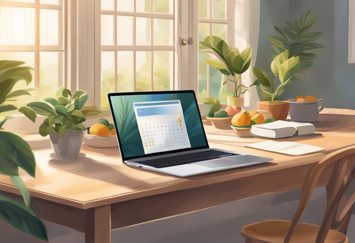 A table with a laptop, family photos, and a calendar. A bowl of fruit and a potted plant add warmth to the scene. The soft glow of natural light filters through a window, creating a peaceful atmosphere