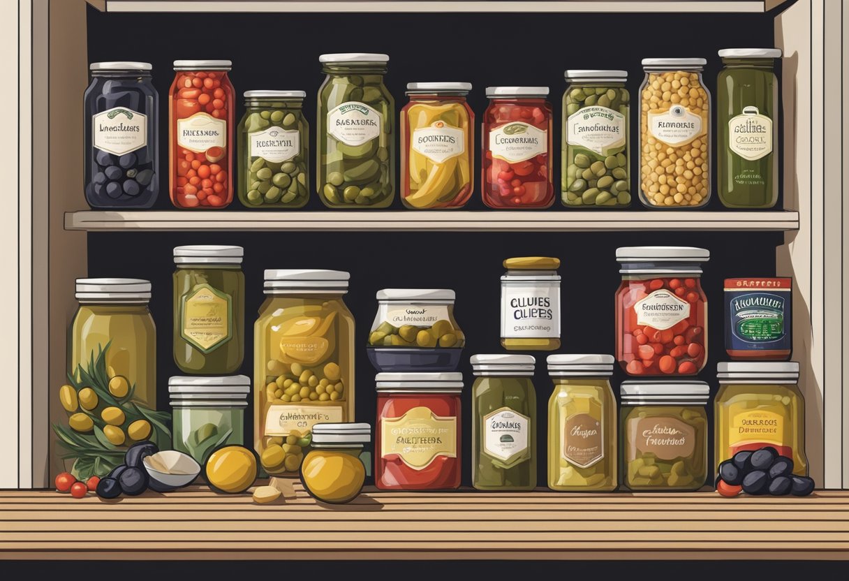 A pantry stocked with labeled gluten-free canned and preserved foods, including olives, tomatoes, and artichokes, arranged in a Mediterranean-inspired display