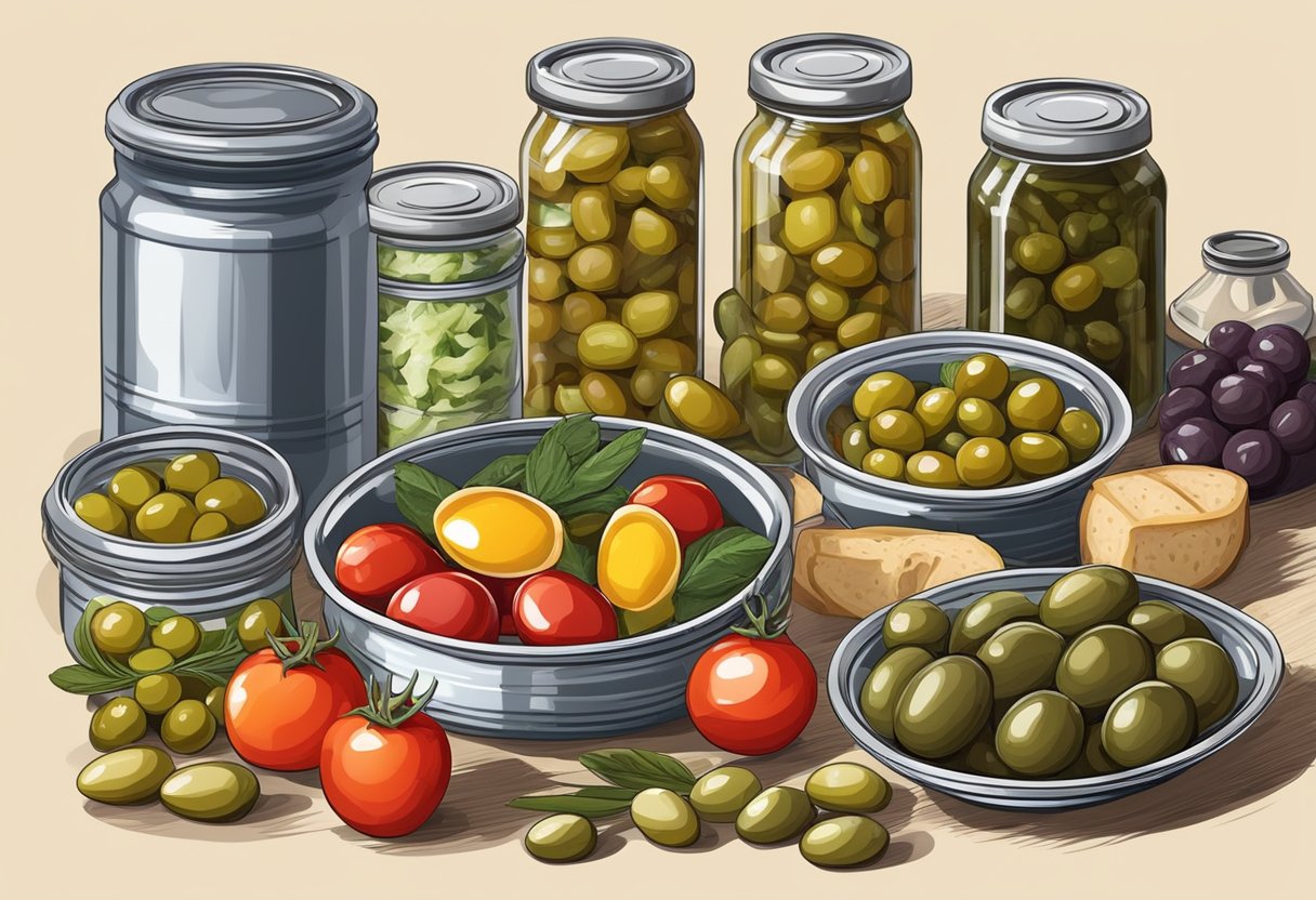 A table set with canned and preserved foods, including olives, tomatoes, and pickled vegetables, for a gluten-free Mediterranean Diet breakfast