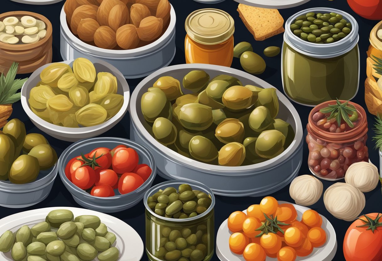 A table set with a variety of canned and preserved foods, including olives, artichokes, and tomatoes, all arranged in a Mediterranean style