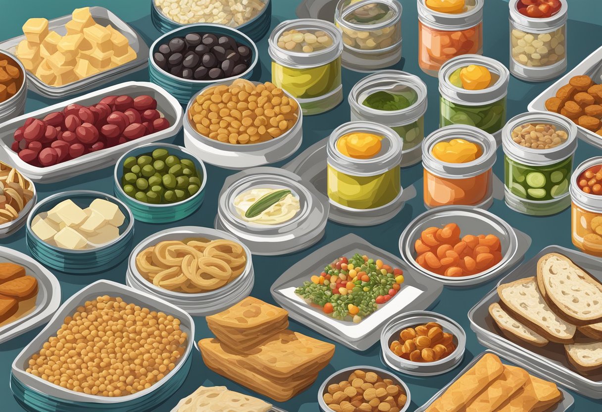 A table displays an array of canned and preserved foods, alongside small plates of gluten-free Mediterranean snacks