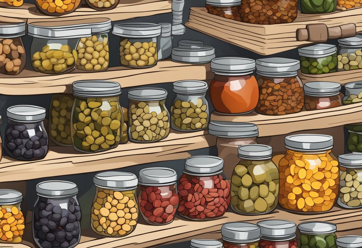 A pantry filled with colorful jars of preserved olives, artichokes, and sun-dried tomatoes, alongside neatly stacked cans of chickpeas, lentils, and tomatoes