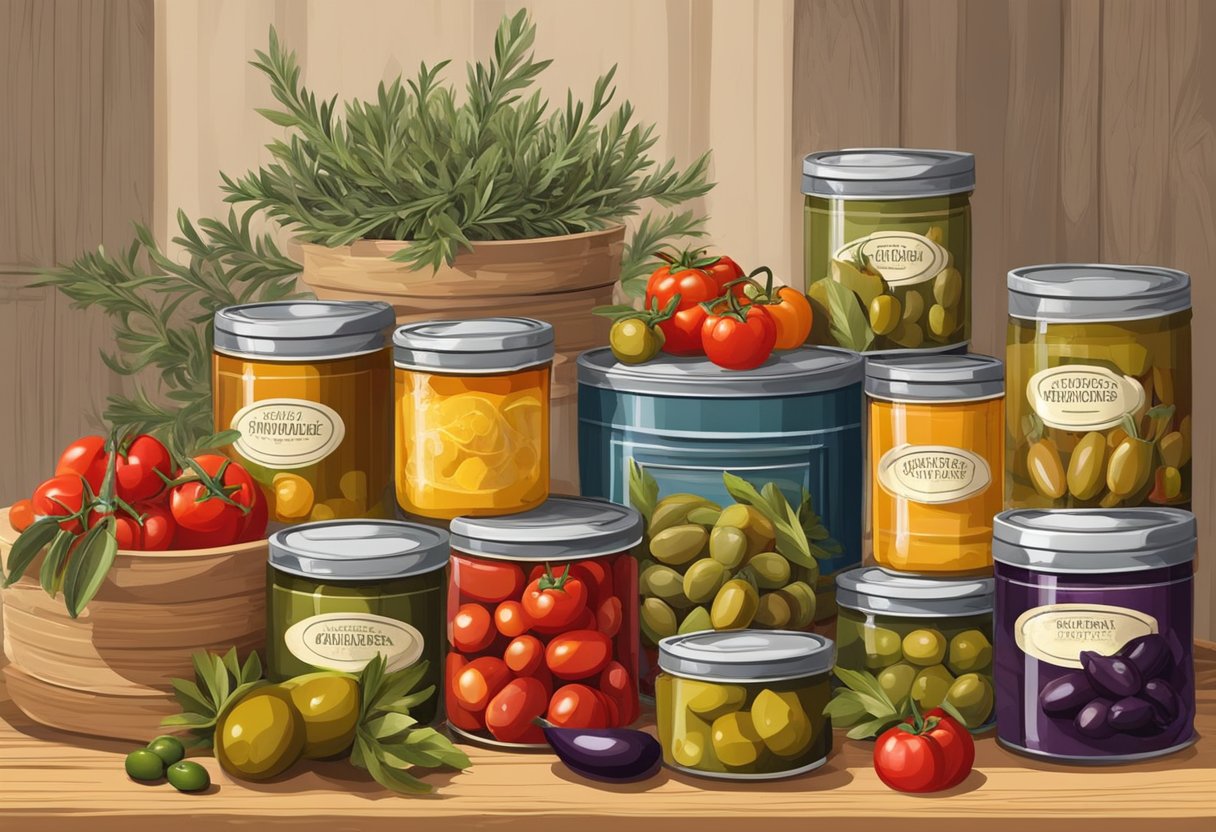 An array of colorful canned and preserved foods, including olives, tomatoes, artichokes, and peppers, arranged on a rustic Mediterranean-style table