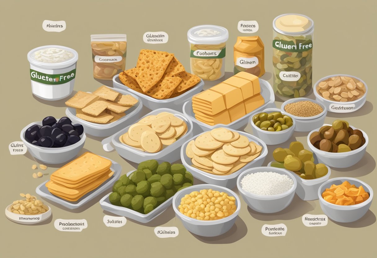 A table displays a variety of packaged snacks and convenience foods, all labeled as gluten-free. The items reflect a Mediterranean diet, with olives, hummus, rice crackers, and dried fruits