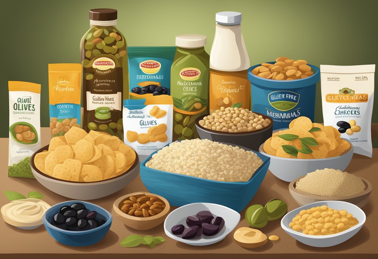 A table displays gluten-free packaged snacks and convenience foods with a Mediterranean flair. Items include olives, hummus, rice crackers, and dried fruits